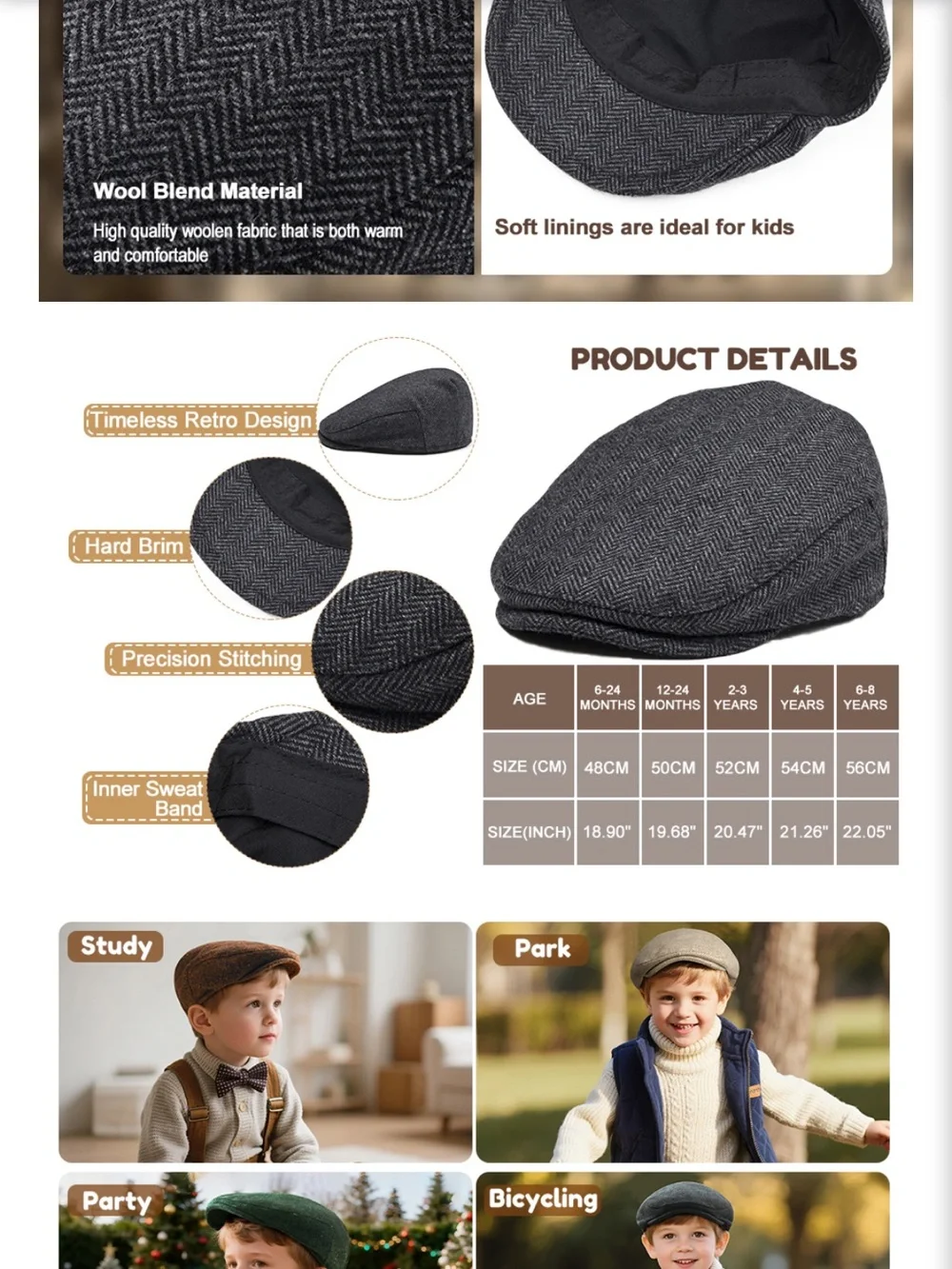Kids Wool Tweed Newsboy Flat Cap Herringbone Boy Infant Toddler Child Youth Hat
